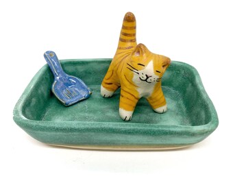 Handmade Stoneware Cat Salt Cellar Set – Orange Tabby, Whimsical Kitchen Decor