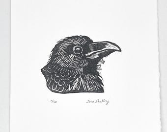 Raven - Black and White mini Linocut by Lora Shelley 5" x 5"