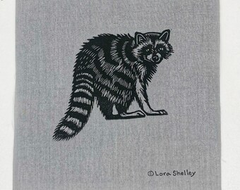 Raccoon Patch hand printed linocut by Lora Shelley