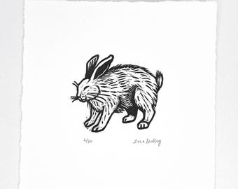 Bunny - Black and White mini Linocut by Lora Shelley 5" x 5"