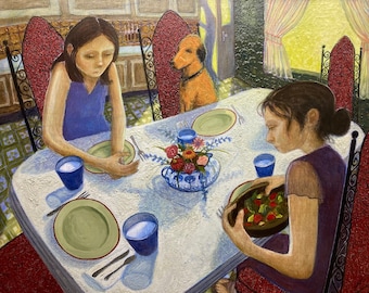 Dinner Guest - Original Painting - mixed media on wood panel - by Lora Shelley