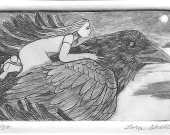 Riding Raven / Crow - Etching by Lora Shelley
