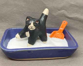 Kitty Litter Salt Cellar Set Stoneware - Black and White Cat, Satin Blue/Purple Kitty Box and Orange Speckled Scoop