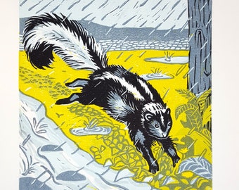 Skunk Running in the Rain - Limited Varied Edition of 32 - hand-printed linocut by Lora Shelley