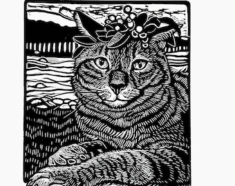 Cat with Flower Crown by the River - Limited Edition Linocut by Lora Shelley