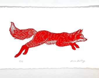 Small Fox in Black, or Red - Limited Edition Linocut by Lora Shelley
