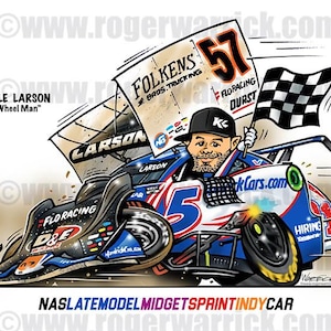 May include: A cartoon illustration of a race car driver holding a checkered flag. The car is blue, white, and red with the number 5 on the side. The driver is wearing a black cap with the letter K on it. The car is labeled "Larson" and "FloRacing". The car is on a dirt track with a sign that says "Folkens Bros. Trucking" and "57".