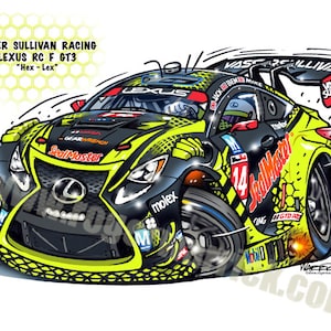 May include: A cartoon illustration of a yellow and black Lexus RC F GT3 race car with the words "Vasser Sullivan Racing" and "SealMaster" on the side. The car is in motion and has a number "14" on the side.