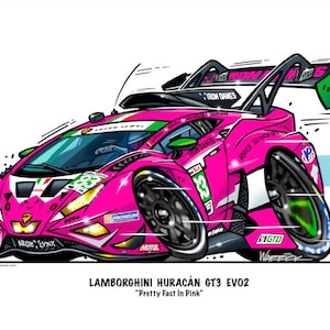 May include: A pink Lamborghini Huracán GT3 EVO2 race car with the text "IRON LYNX", "IRON DAMES", "RACE TO INSPIRE", and "GTD" on the car. The car has a green and white Italian flag on the side.