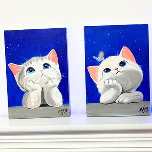 Deux chatons curieux regardant les étoiles. Chats blancs rêveurs sous le ciel nocturne – Peinture acrylique originale