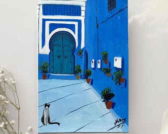 Chefchaouen Blue Door Painting: Moroccan City Art, Acrylic on Canvas