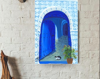 Moroccan art , Chefchaouen Acrylic Painting, Blue Doorway Art (10x6)