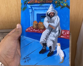 Original Chefchaouen Painting – Moroccan Blue City Art, Man and Cat