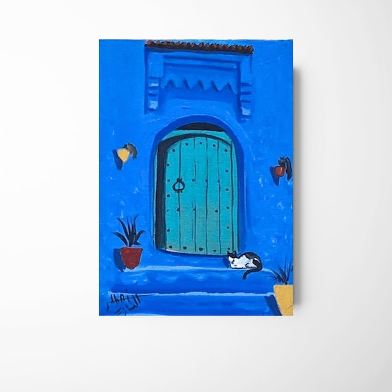 Chefchaouen Blue Door Painting – Moroccan Canvas Art With Cat