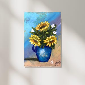 Ramo de girasoles vibrantes en jarrón azul [25 x 15 cm]