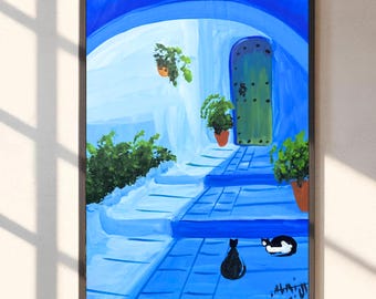 モロッコ、シャウエンの水彩画：青い街並みの絵画 - Etsy 日本