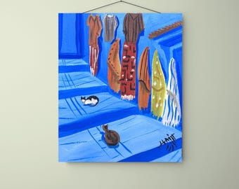 Chefchaouen Painting with Hanging Djellabas | Moroccan Blue Alley Art | Original 8x12 Canvas