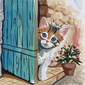Oeuvre d'art en acrylique peinte à la main - Joli chaton qui regarde dans l'embrasure de la porte | Décoration murale en toile de 6 x 10 po. | Peinture originale de chat | Cadeau déco