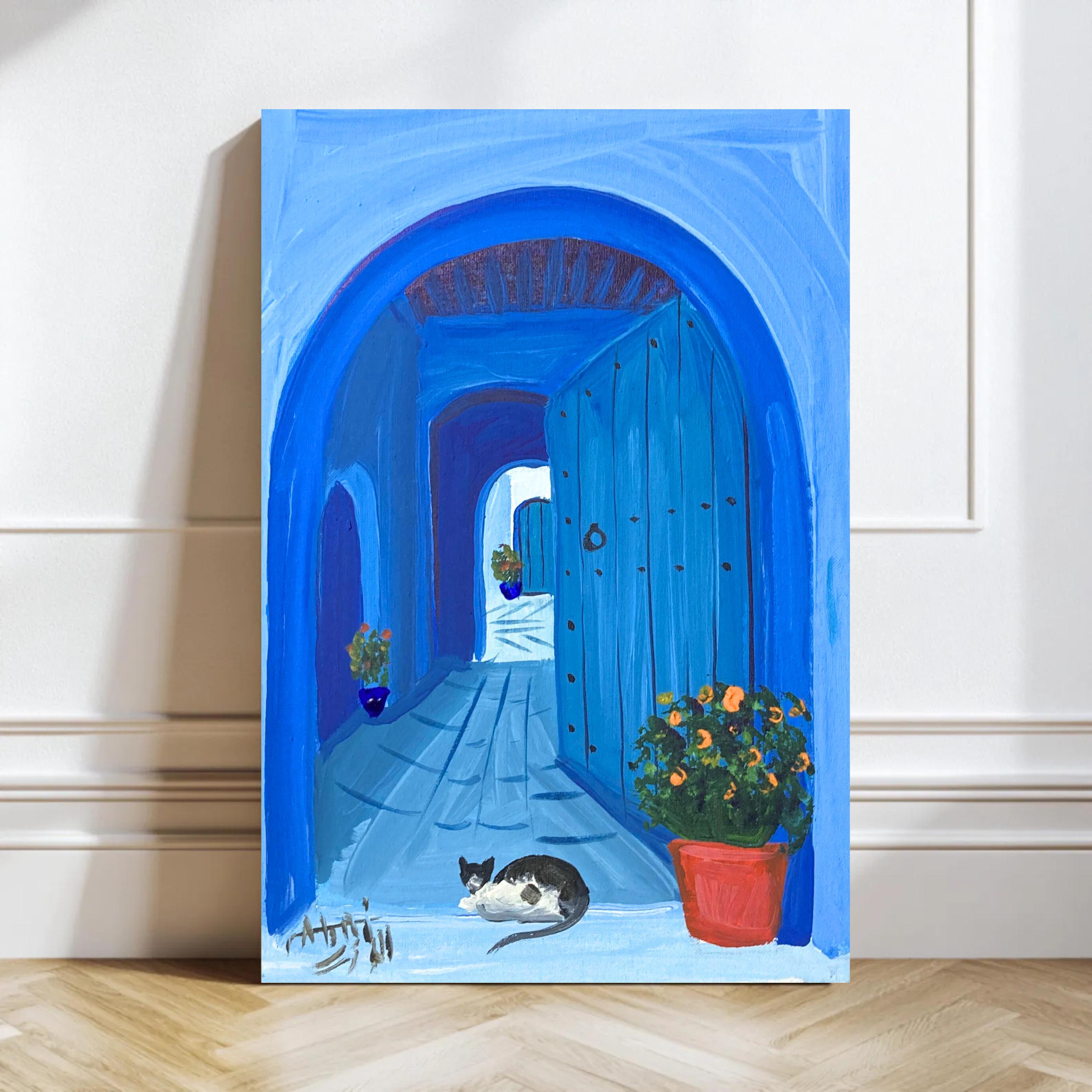 Chefchaouen Blue Door Acrylic Painting: Moroccan Travel Art (10x6