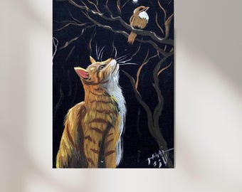Pintura acrílica de gato sobre lienzo: obra de arte original de gato y pájaro pintada a mano, arte animal nocturno, 25,4 x 15,2 cm