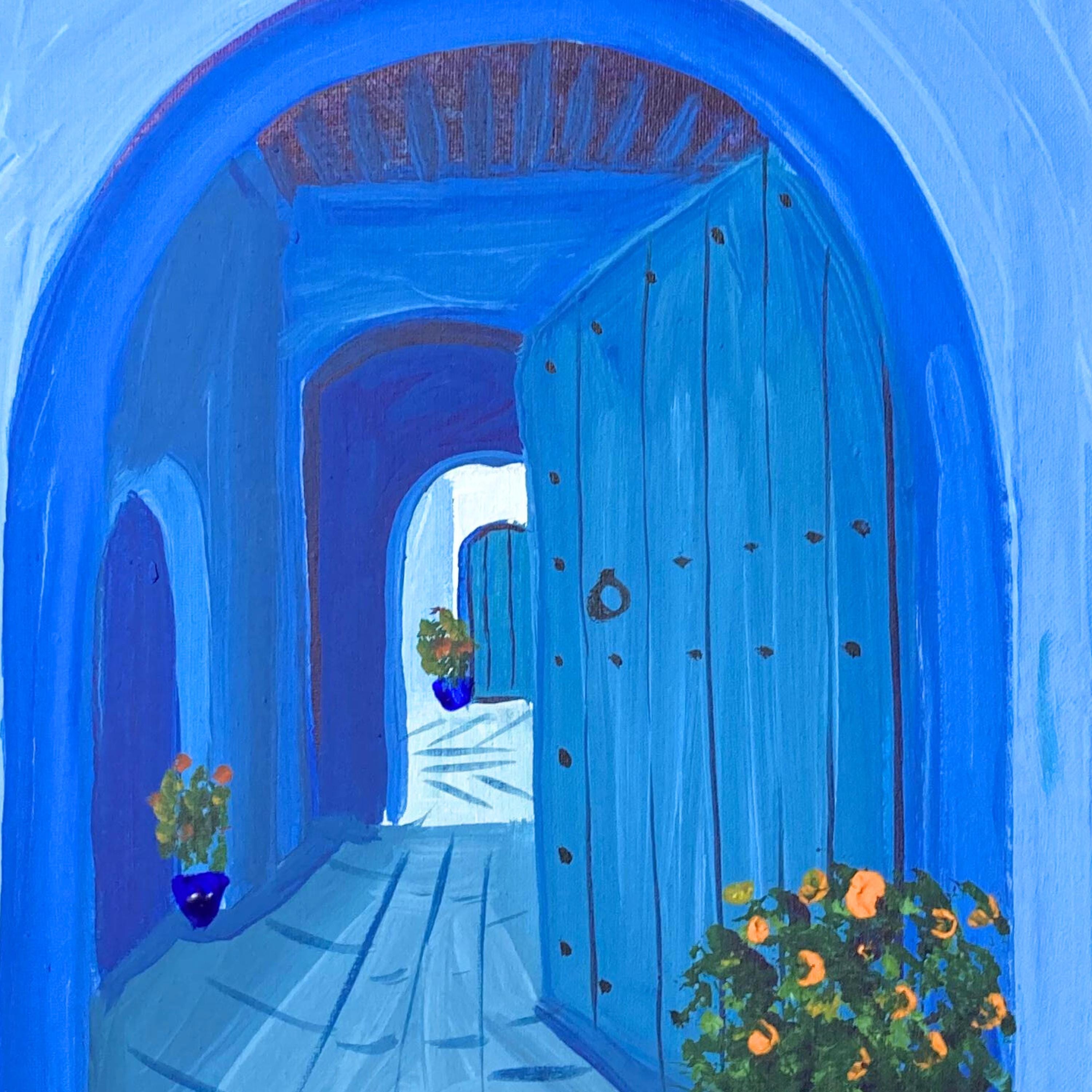 Chefchaouen Blue Door Acrylic Painting: Moroccan Travel Art (10x6