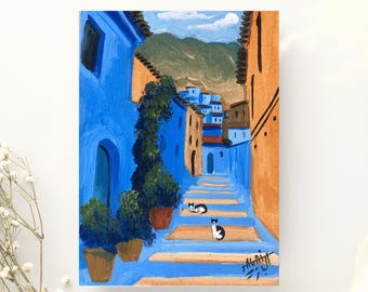Chefchaouen Street Scene Painting | Moroccan Art, Blue City