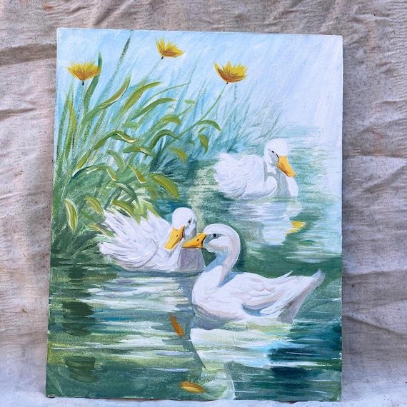 湖で泳ぐアヒルたち – キャンバスに描かれたオリジナルアクリル画