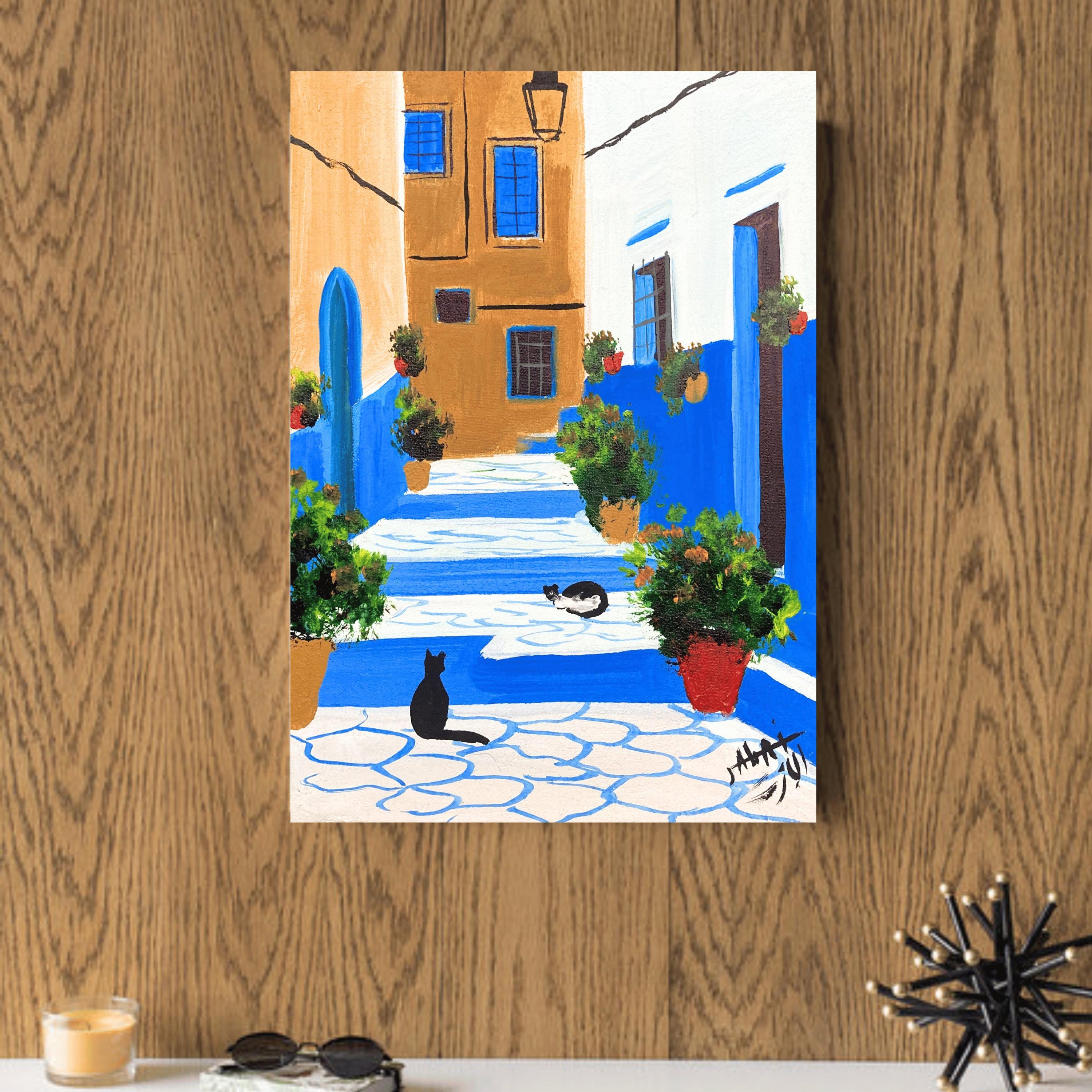 シェフシャウエン モロッコ 絵画：ブルーアレーキャットアート（10 x 6