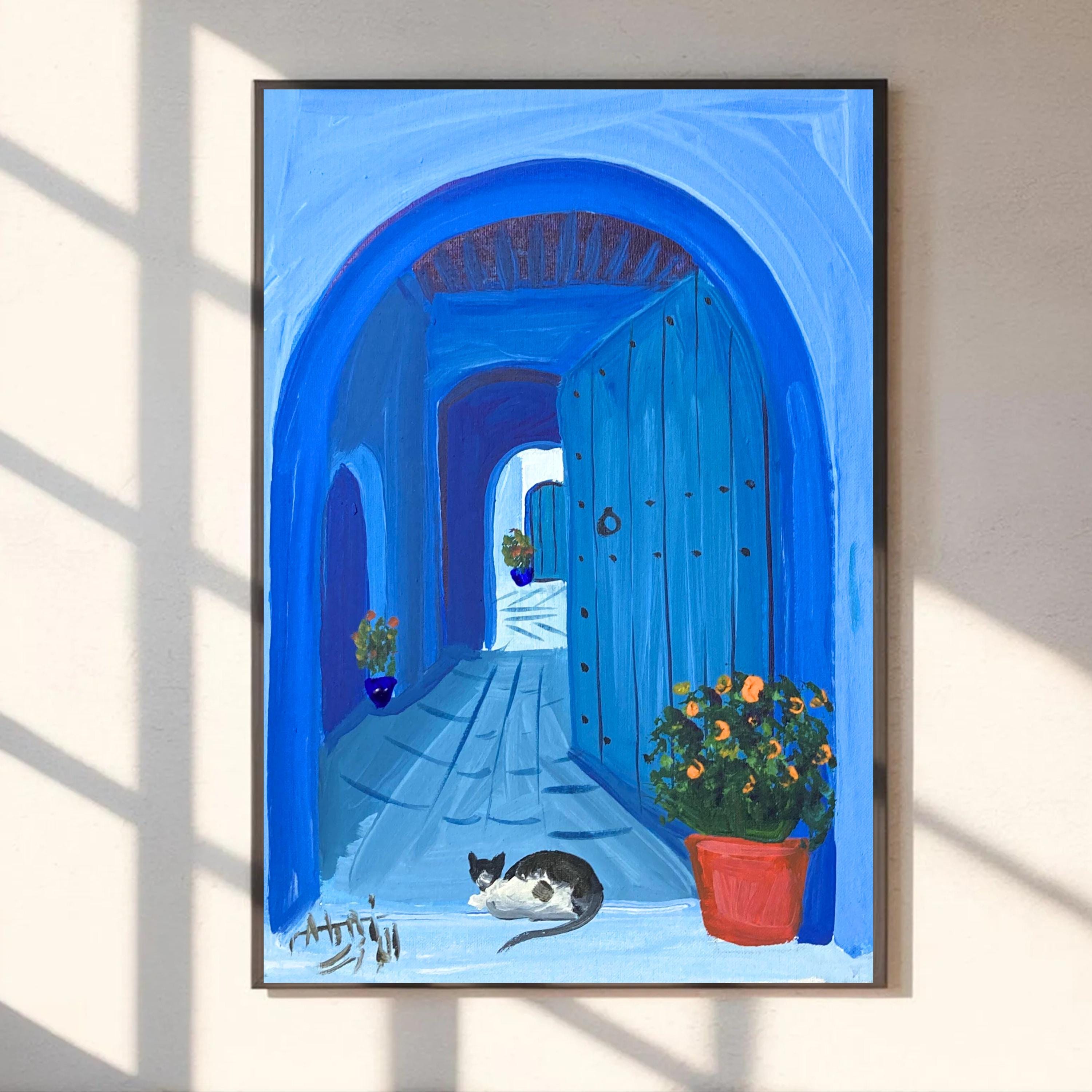 Chefchaouen Blue Door Acrylic Painting: Moroccan Travel Art (10x6