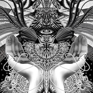 May include: Black and white digital art print featuring a symmetrical design with intricate patterns. The artwork includes a central face-like figure, hands holding a beaded strand, and a butterfly motif. The overall theme is abstract and detailed.