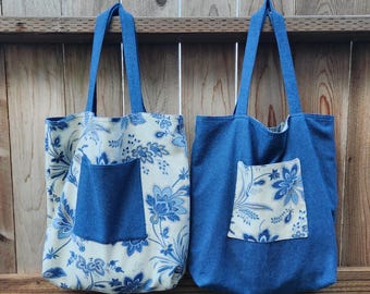 Handmade, Reversible Denim & Printed Tote Bag: Large Cotton Shopper - Various Patterns