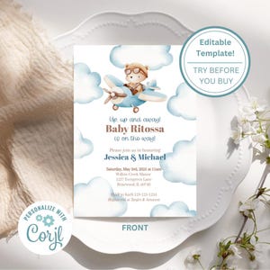 Airplane Baby Shower 5x7 Invitation Template - Pregnancy/New Baby Shower -  Printable/Editable, Instant Download