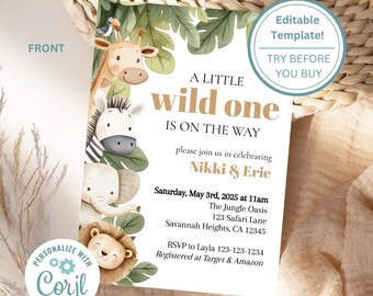 Safari Baby Shower 5x7" Invitation Template - Pregnancy/New Baby Shower -  Printable/Editable, Instant Download