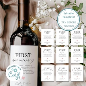 May include: A printable wine bottle label with the text "First Anniversary" and a pink heart. The label is designed to be personalized with a couple's names and a short message. The label is surrounded by a white background and a floral design.
