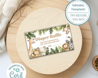 Safari Baby Shower 3.5x2 Diaper Raffle Card Template - Pregnancy/New Baby Shower -  Printable/Editable, Instant Download