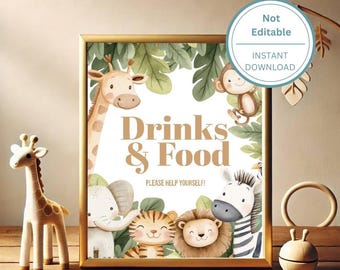 Safari Baby Shower Drinks & Food 8x10 Sign - Printable, Instant Download