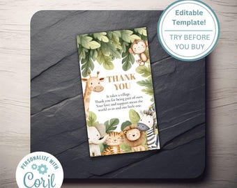 Safari Baby Shower 2x3.5 Thank You Tag Card Template - Pregnancy/New Baby Shower -  Printable/Editable, Instant Download