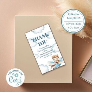 Airplane Baby Shower 2x3.5&quot; Thank You Tag Template - Pregnancy/New Baby Shower -  Printable/Editable, Instant Download