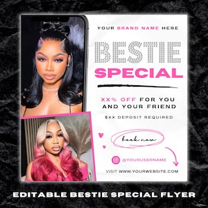 Bestie Special Booking Flyer, Bestie Deals, Bring a Friend Special, Hair Stylist, Lash Tech, Nail Tech, MUA, Editable Canva Template