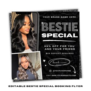 Bestie Special Booking Flyer, Bestie Deals Flyer, Bring a Friend Special, Hair Stylist, Lash Tech, Nail Tech, MUA, Editable Canva Template