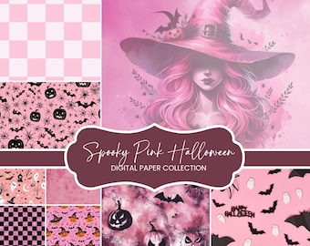 Spooky Pink Halloween Digital Paper Pack | 20 Printable 12x12 Papers | 300 DPI JPG PDF | Haunted Castle, Bats, Splatter Backgrounds