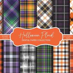 Puede incluir: Una colección de papel digital con 18 páginas de patrones de cuadros de Halloween en naranja, morado, negro, blanco y verde. La etiqueta naranja central muestra el texto Halloween Plaid DIGITAL PAPER COLLECTION, 18 PAGES JPG & PDF, 12 X 12 INCH PAPER.