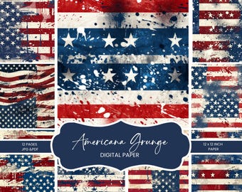 Paquete de papeles digitales patrióticos / Fondos con la bandera de EE. UU. estilo grunge americano / Papel para álbum de recortes rojo, blanco y azul de 12 x 12 pulgadas / Imprimible para el 4 de julio / JPG PDF