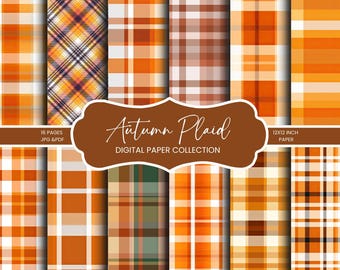 Autumn Plaid Digital Paper Pack | Fall Tartan Patterns | Orange Plaid Backgrounds | 16 Pages | 12x12 | Digital Download