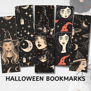 May include: A collection of Halloween-themed bookmarks featuring illustrations of witches, moons, stars, and candles. The bookmarks are primarily black with beige and orange accents. The text "HALLOWEEN BOOKMARKS" is displayed at the bottom.