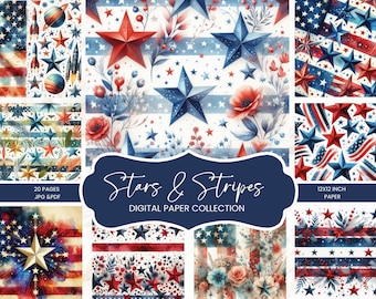 Patriotic Digital Paper Pack | Stars & Stripes Backgrounds | Red White Blue (Instant Download)
