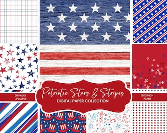 Pakiet papieru cyfrowego na 4 lipca | Patriotyczny papier do scrapbookingu w kolorze czerwono-biało-niebieskim | 20 wzorów do druku | Papier z fajerwerkami w gwiazdy i paski | 12 x 12