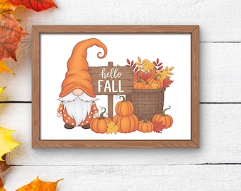 Fall Gnome Printable | Hello Fall Sign, Autumn Colors (Digital Download)