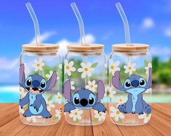 Libbey Wrap Stitch Daisy 16oz Libbey glasburk png design för sublimering Ohana Vibes digital nedladdning png