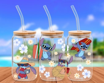 Libbey Wrap Stitch Daisy Summer 16oz Libbey glasburk png design för sublimering Ohana Vibes digital nedladdning png